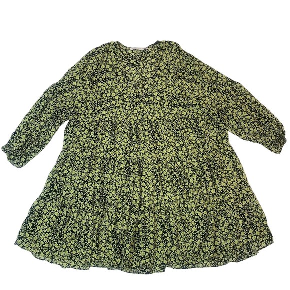 Zara Ditsy Floral Print Flowing Tiered V Neck Mini Dress Black Green Small - Picture 4 of 13